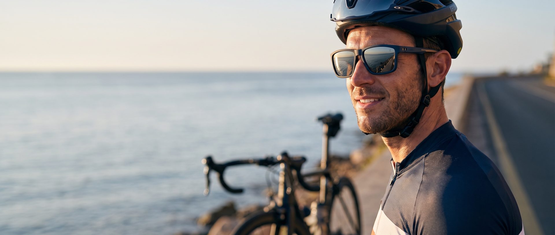 Cyclist by the sea wearing Dakar sunglasses